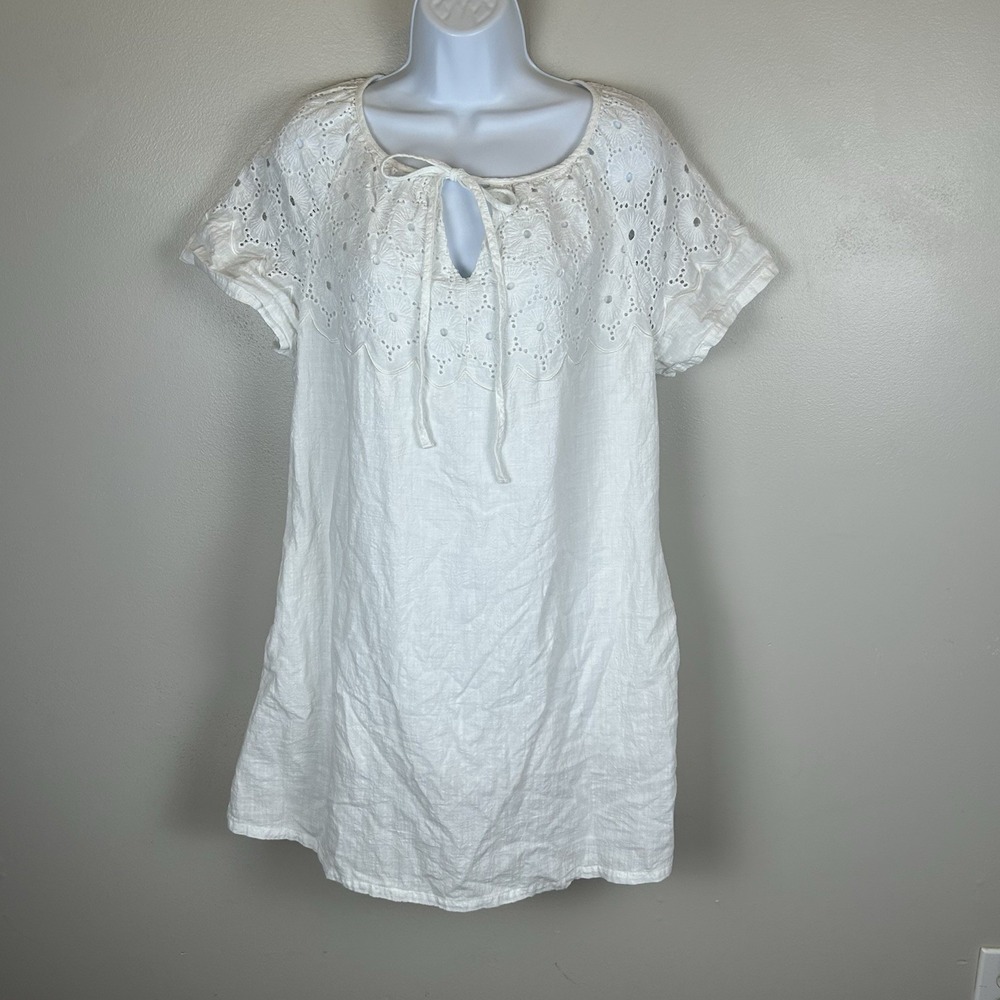 Cotton Bleu White Eyelet Lace Keyhole Tie Mini Dress Womens Small Boho Summer